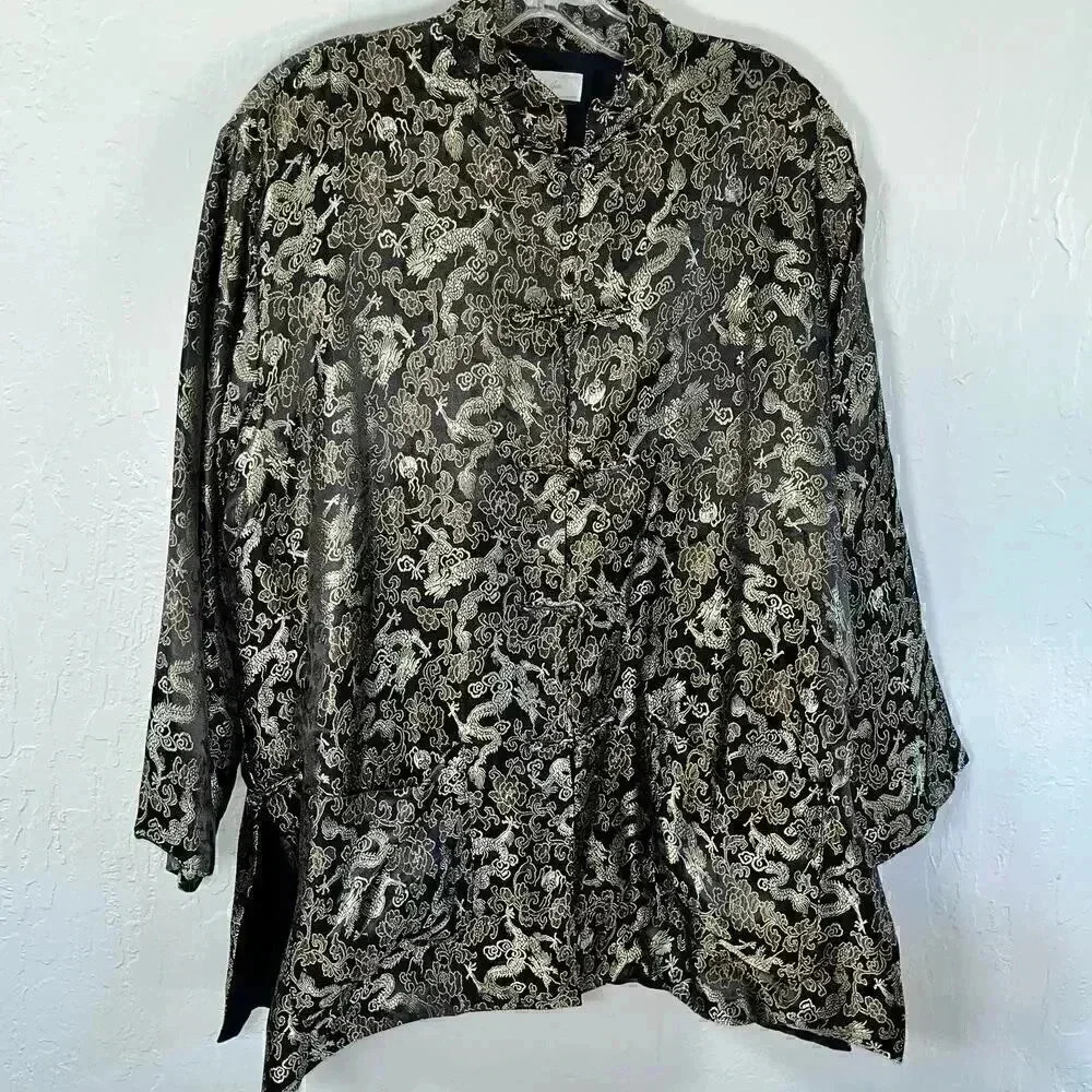 Jade Jade Jade Asian Black Gold Dragon Jacket 100% Rayon Knot Button Large